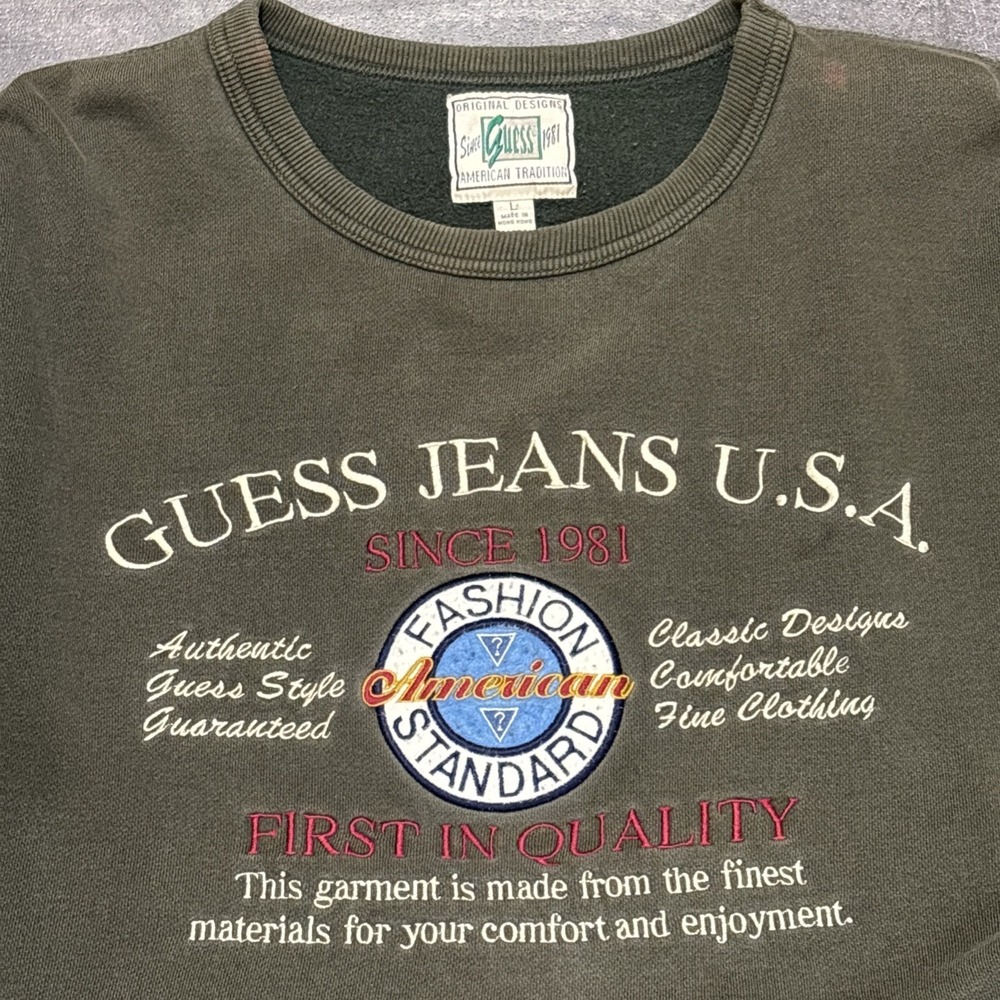 VTG GUESS Jeans Sweatshirt Adult L Army Green Embroidered Heavy Crewneck 90s Lg
